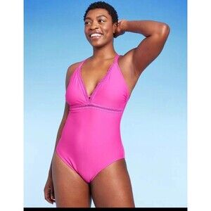 Women's Crochet Shell Stitch Lace Up One Piece Swimsuit - Kona Sol Pink Large